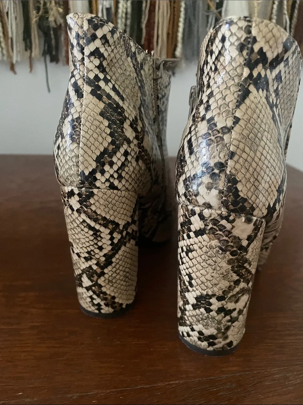 Snake Print Ankle Boots in Beige and Black - Women's Fashion Bootie size 6.5